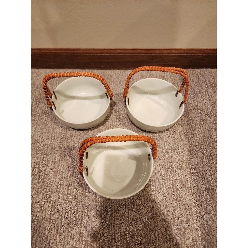 Ceramic Round Serving Bowls with Woven Handles - Set of 3, Cream